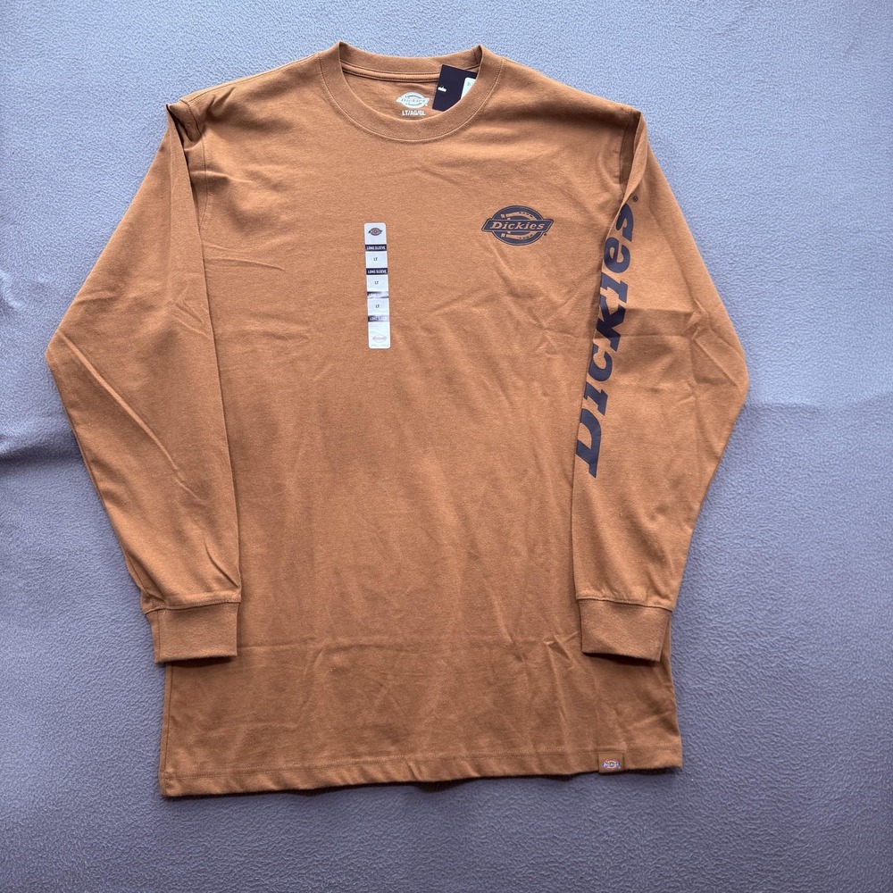 Dickies Shirt Mens LT Brown Long Sleeve Logo Graphic Tee Tagless Workwear